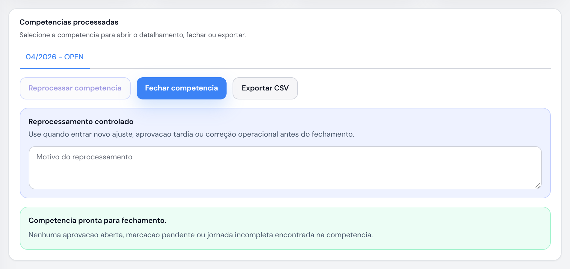 Competência da folha pronta para fechamento no Pro Soma RH